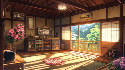 Japanese traditional living room with a view of nature