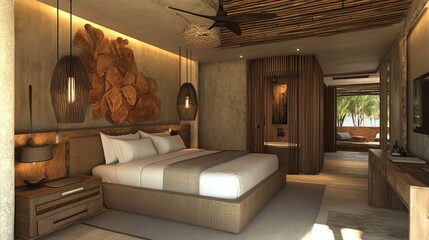Modern, rustic bedroom suite with natural wood accents and comfortable furnishings