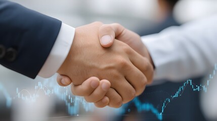 Business partners shaking hands with financial data visualization