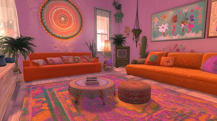 Vibrant living room with orange sofas, colorful rugs, and patterned wall decor
