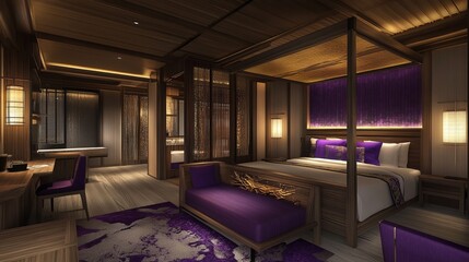Luxurious, spacious bedroom with wooden accents and purple accents