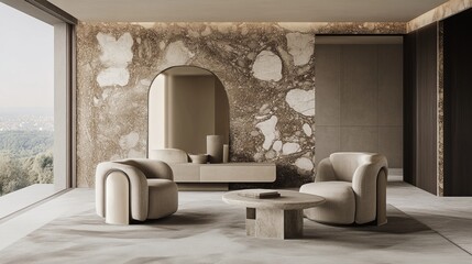 Modern beige living room with a view