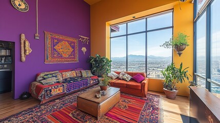 Vibrant living room with panoramic city view