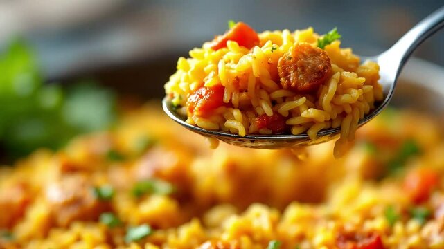  Close up of a spoonful of biryani being lifted, with a focus on the grains of rice 