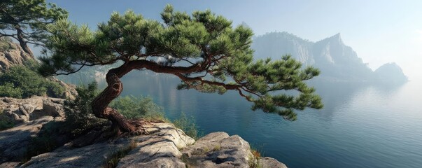 Fototapeta premium Scenic view of lake in pine forest with tree and rock concept. A serene view of a tree by a calm body of water and mountains.