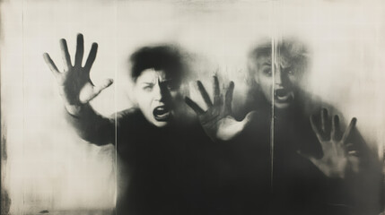 Confronting Fear: A striking monochrome captures the intense emotion of fear, featuring two individuals desperately reaching out as if trapped.