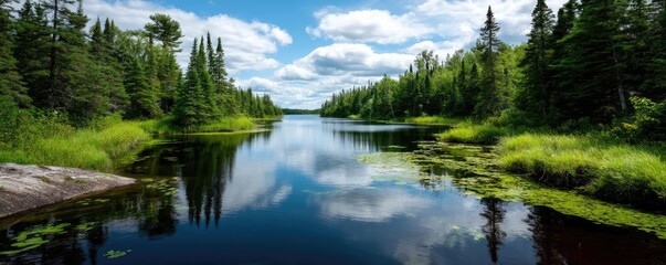 Scenic view of lake in pine forest with tree and rock concept. Serene river view surrounded by lush greenery and blue sky.