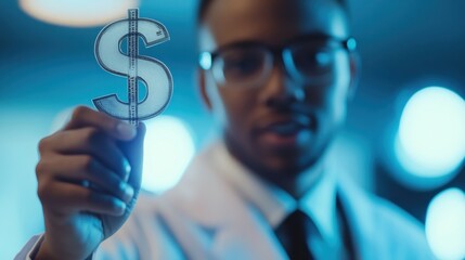 A scientist holds a translucent dollar sign, symbolizing the cost of healthcare or medical research.  Focus is on the dollar sign