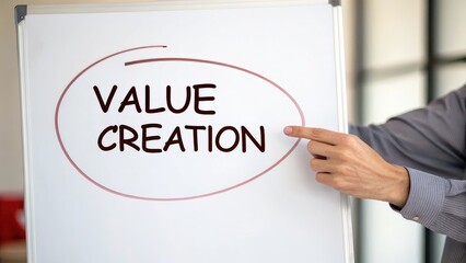 entrepreneurship branding value proposition. A hand points to a whiteboard displaying the phrase "VALUE CREATION" in bold letters, emphasizing a business concept in a professional setting.