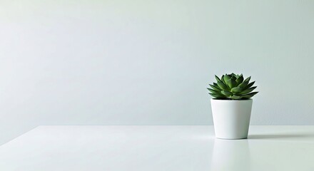 Minimalist Scene: Empty Table with Small Potted Plant on White Backdrop