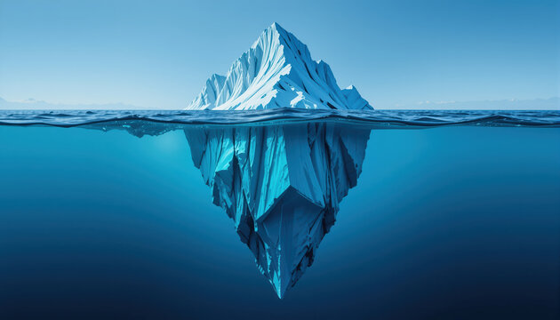 Hidden danger concept with an iceberg partially hidden underwater. 
