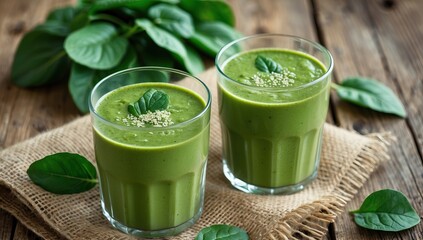 Green Smoothie in Glasses, Garnished with Seeds and Fresh Leaves, on a Wooden Surface