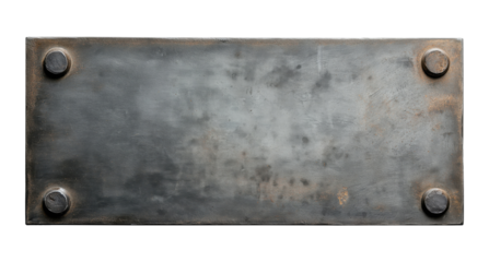 Old horizontal metal board with four corner bolts isolated on transparent background