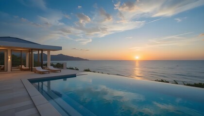A luxurious villa overlooking a serene ocean during sunset promising a blissful and tranquil getaway by the infinity