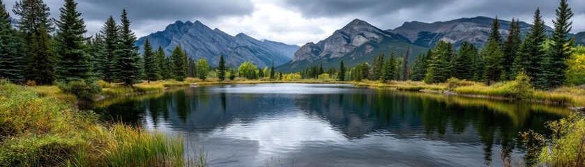 Scenic view of lake in pine forest with tree and rock concept. Serene landscape featuring mountains reflected in a calm lake.