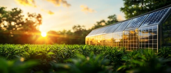 Sunset over a greenhouse amid lush green crops.