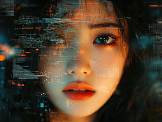 Cybernetic Gaze: A captivating portrait of a young person with a striking combination of human features intertwined with futuristic cybernetic elements, suggesting a blend of technology and humanity.
