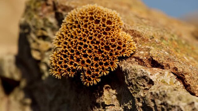 Unusual orange textured bryozoan colony growing on a tan rock surface along the coastal shoreline, with blue sky background, natural lighting.