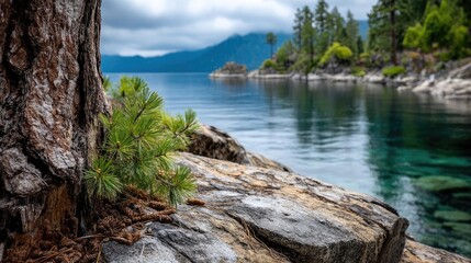 Fototapeta premium Scenic view of lake in pine forest with tree and rock concept. Scenic view of calm waters, trees, and rocky shorelines.