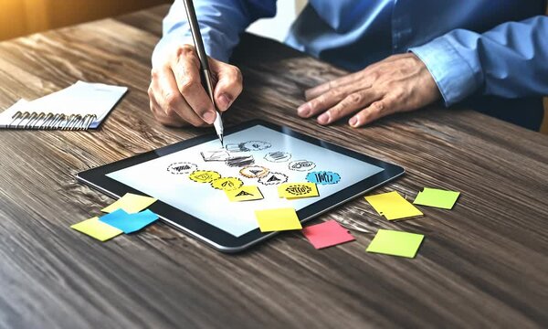 A person's hands are seen on a wooden table, using a digital tablet to draw and brainstorm design concepts, with sticky notes scattered around