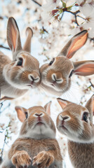 Fototapeta premium Bunny Gathering Under Blossoms: A gathering of adorable bunnies, captured from a low angle, cuddles beneath a canopy of delicate blossoms, creating a scene of warmth and togetherness.