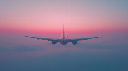 Fototapeta premium Aviation Twilight: A commercial jetliner soars gracefully through the pastel hues of the early morning or late evening sky. Capturing the beauty of aviation and the serene atmosphere of the sky.