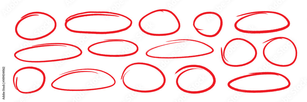 Poster Hand drawn red pen highlight round oval frame set. Handwritten red marker, pencil scribble stroke line oval frame. Brush round frame highlight. Grunge scratch style set. Vector illustration