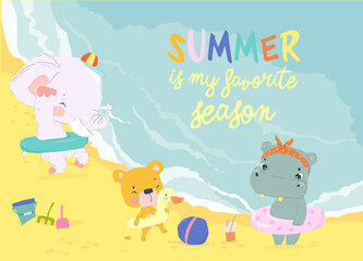 Funny Animals sunbath swimming in the Sea on Sea Beach Shores