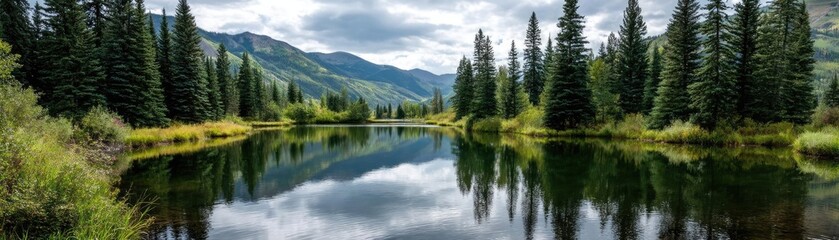 Naklejka premium Scenic view of lake in pine forest near beautiful mountain concept. Serene lake surrounded by lush green trees and majestic mountains.