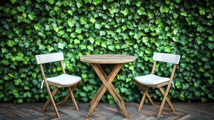Cozy seating area, ivy-covered wall, natural ambience
