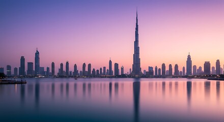 Stunning panoramic view of the modern Dubai skyline reflecting in calm water during a pastel-colored sunset, ideal for travel promotions, luxury real estate, or urban landscape editorials