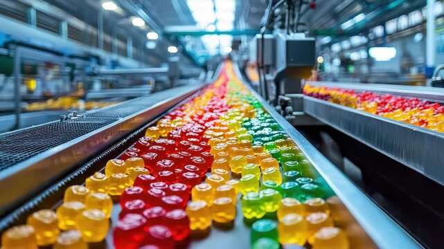 Colorful gummy candies move along a conveyor belt in a modern factory setting.