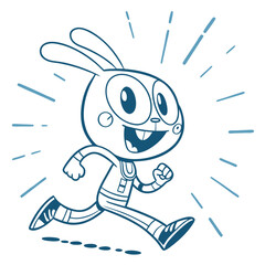 Happy Outlined Cartoon Rabbit Running Energetically with Footprints and Motion Lines