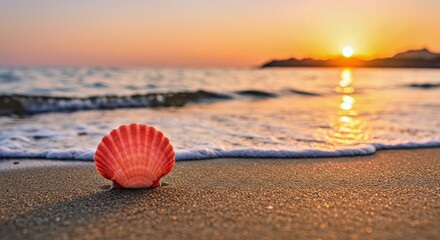 Sunset Beach Scene: Pink Seashell and Ocean Wave
