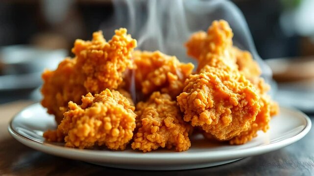 Close up of crispy fried chicken being placed on a plate, with steam rising