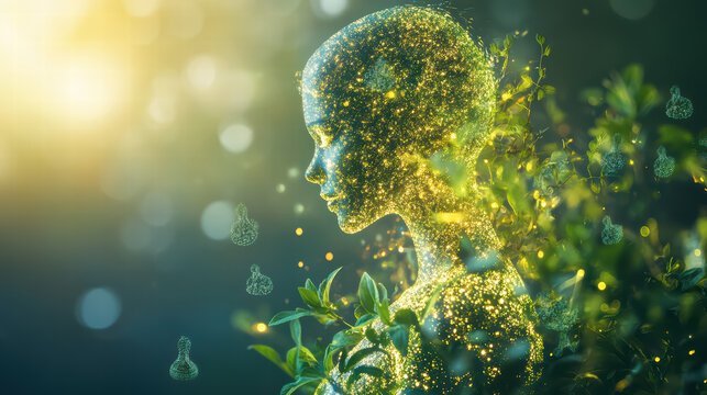 A serene figure, intricately woven with lush greenery and sparkling particles, embodies the harmony between humanity and nature, bathed in ethereal light.