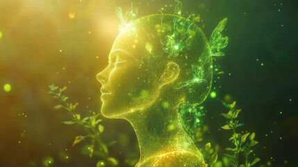 Fototapeta premium Nature's Embrace: A luminous, ethereal figure, interwoven with vibrant greenery, gazes serenely upwards, bathed in a radiant light.