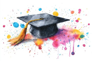 Graduation cap surrounded by colorful watercolor splashes celebrating academic achievement. High quality. High quality