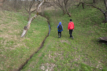Obraz premium Two hikers walk along a grassy path beside a small stream, surrounded by trees and wildflowers.