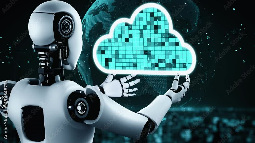 Poster AI robot huminoid uses cloud computing technology to store data on online server . Futuristic concept of cloud information storage analyzed by machine learning process . 3D rendering .
