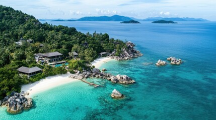 Fototapeta premium Secluded tropical island paradise with luxury villas amidst turquoise waters