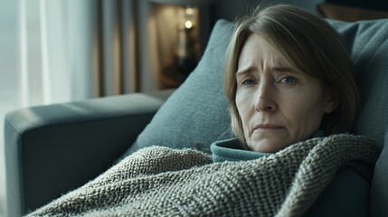 Tired exhausted woman resting on couch wrapped in blanket, recovering from sickness and fatigue, concept of health care, wellness and self care at home.