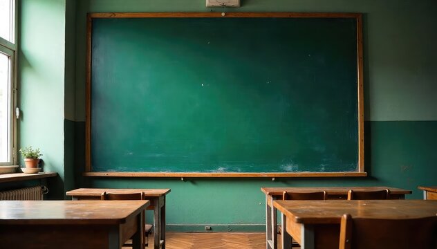 A vintage blackboard in a classroom setting, chalk dust visible Perfect for education, learning, and school themes , background, school supplies