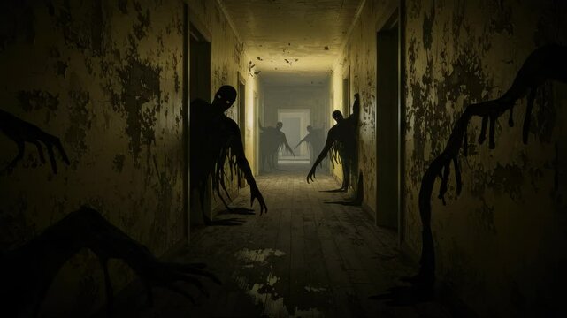 Nightmarish entities linger within the corridors of a dilapidated building with suspenseful atmosphere