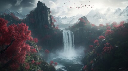 Serene waterfall cascading down rocky cliffs, surrounded by red autumnal trees and snow-capped mountains.