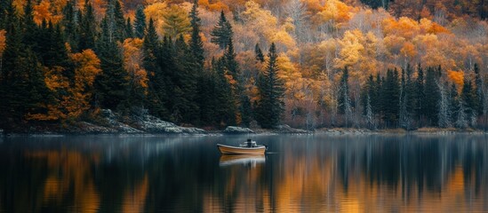 A tranquil boat ride on a serene lake surrounded by vibrant autumn foliage