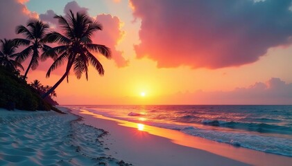 White sand, palm trees silhouette against sunset, travel, ocean, vibrant