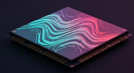 Abstract Microchip: Wavy Circuitry in Neon Hues