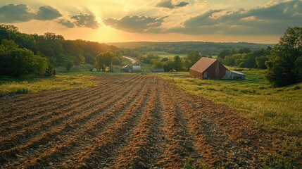 Serene Sunset over Rural Farmland