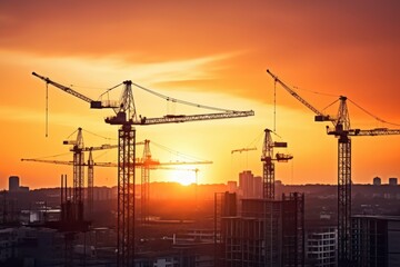 Construction cranes silhouetted against a vibrant sunset sky.